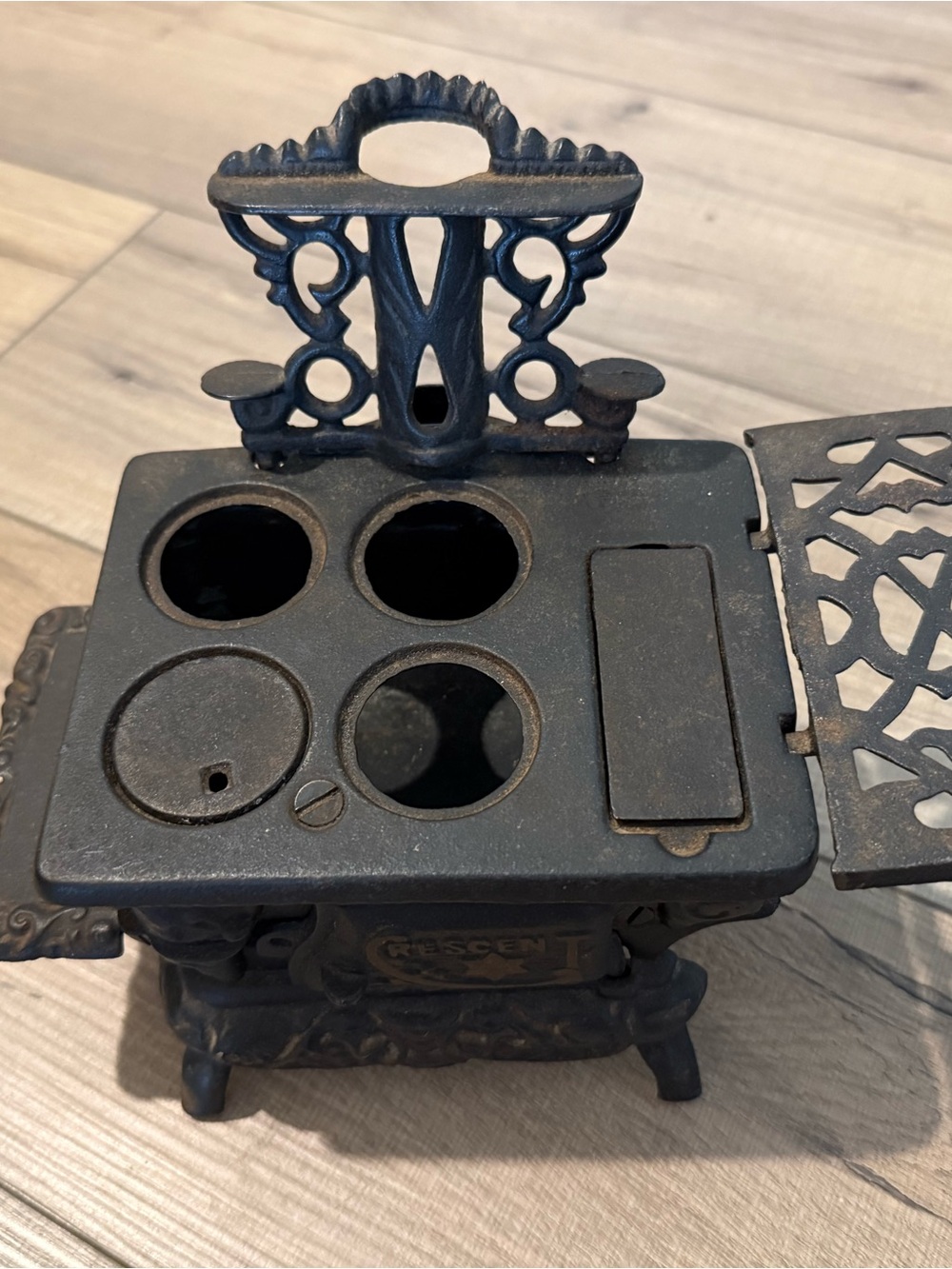 Vintage Crescent Cast Iron Miniature Stove Toy Cooktop Salesman Sample Antique